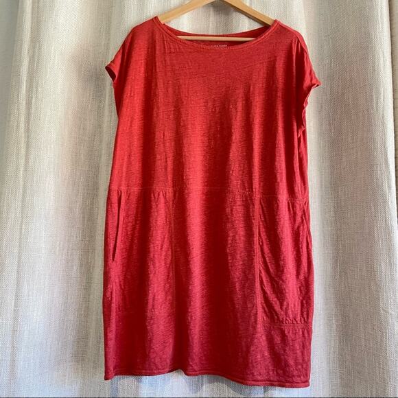 Eileen Fisher Dresses & Skirts - Eileen Fisher Red Orange Linen Short Sleeve T-shirt Dress XS